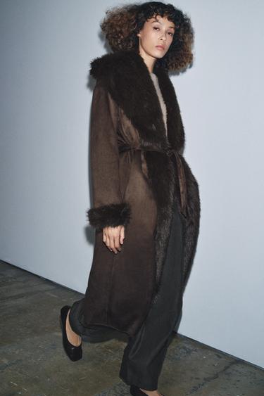BELTED FAUX FUR COAT ZW COLLECTION - Brown by Zara