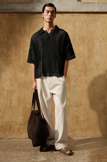 CROCHET TEXTURED POLO SHIRT - Grey green by Zara - Image 0