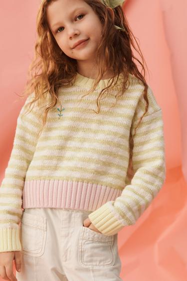 LIMITED EDITION STRIPED KNIT JUMPER WITH EMBROIDERED FLOWER - Lime by Zara
