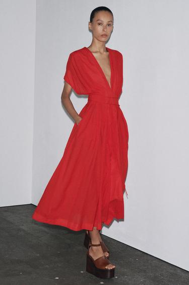 ZW COLLECTION MIDI DARTED DRESS - Red by Zara - Image 0