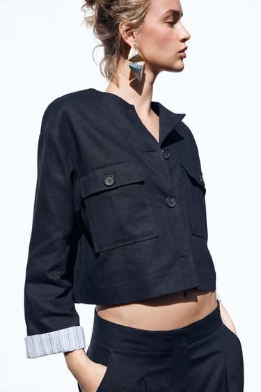 LINEN BLEND CROPPED JACKET - Navy blue by Zara