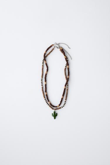 PACK OF TWO CACTUS WOODEN BEAD NECKLACES - Brown by Zara