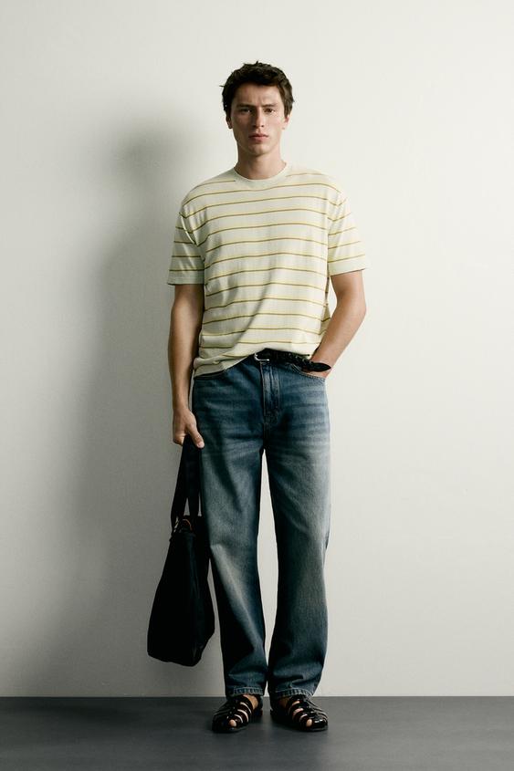 STRIPED REGULAR FIT KNIT T-SHIRT - Sea green by Zara - Image 0
