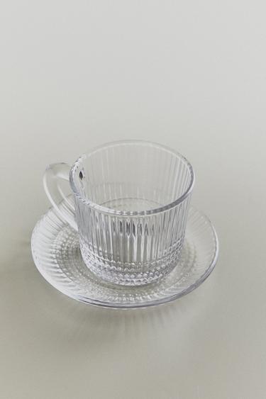 GLASS COFFEE CUP AND SAUCER WITH RAISED GEOMETRIC DESIGN - Transparent by Zara