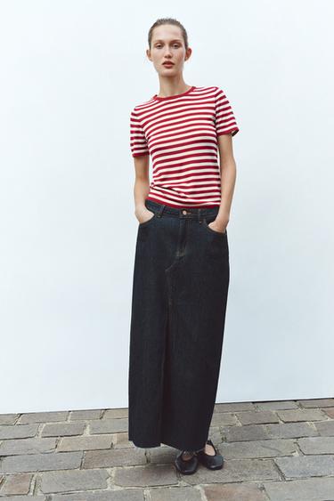 STRIPED SHORT SLEEVE KNIT TOP - Ecru / Red by Zara