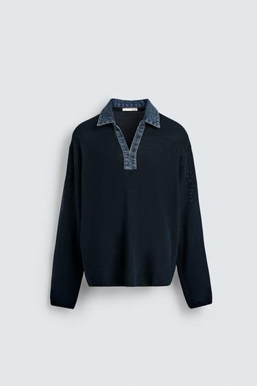 DENIM COLLAR COMBINATION KNIT POLO SHIRT - Navy blue by Zara