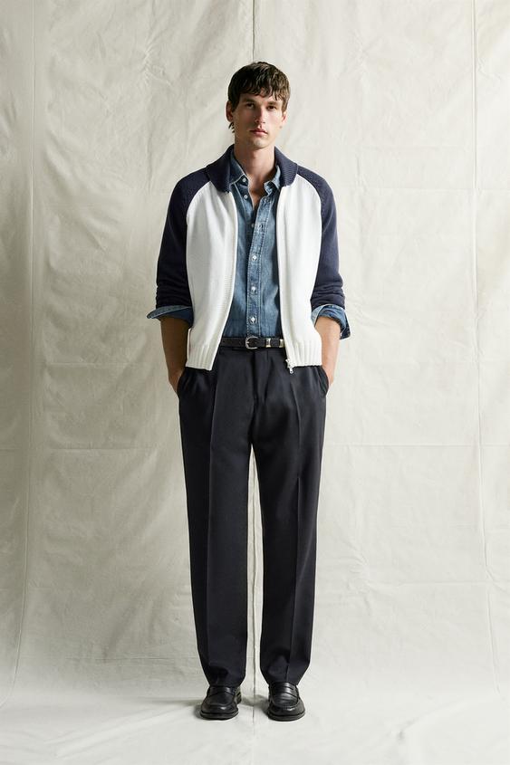 COLOUR BLOCK RELAXED FIT CARDIGAN - Ecru / Navy by Zara - Image 0
