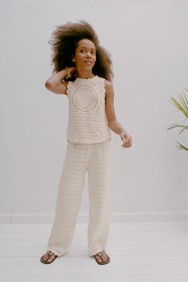 CROCHET KNIT WIDE-LEG TROUSERS - Ecru by Zara