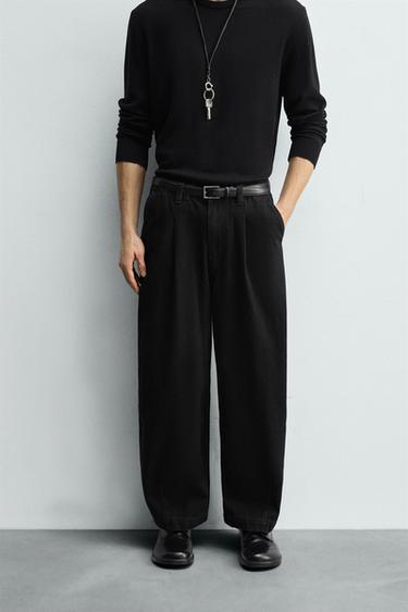 WIDE-LEG PLEATED DENIM CHINO TROUSERS - Black by Zara