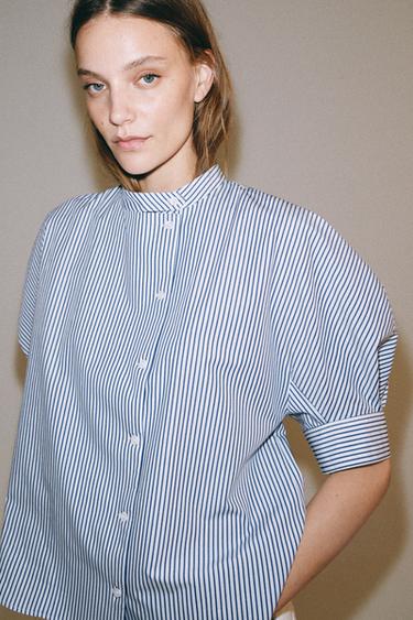 ZW COLLECTION BUTTONED POPLIN SHIRT - Blue/White by Zara
