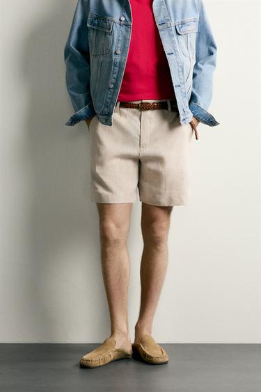 100% LINEN REGULAR FIT BERMUDA SHORTS - Light beige by Zara