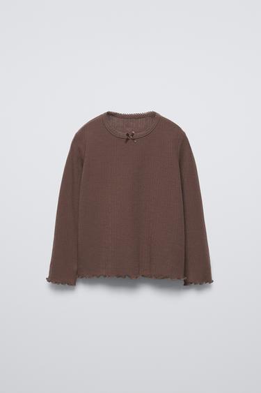 POINTELLE T-SHIRT WITH BOW - Chocolate by Zara - Image 0