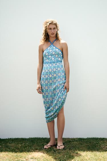 KNIT HALTER DRESS - Blue/White by Zara