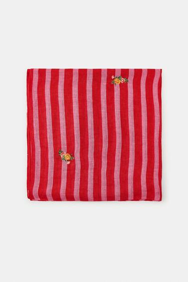 LINEN STRIPED SCARF WITH FLORAL EMBROIDERY - Red by Zara