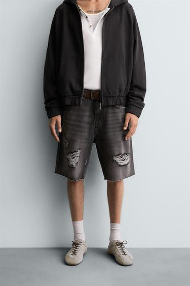RIPPED DENIM BERMUDA SHORTS - Charcoal by Zara
