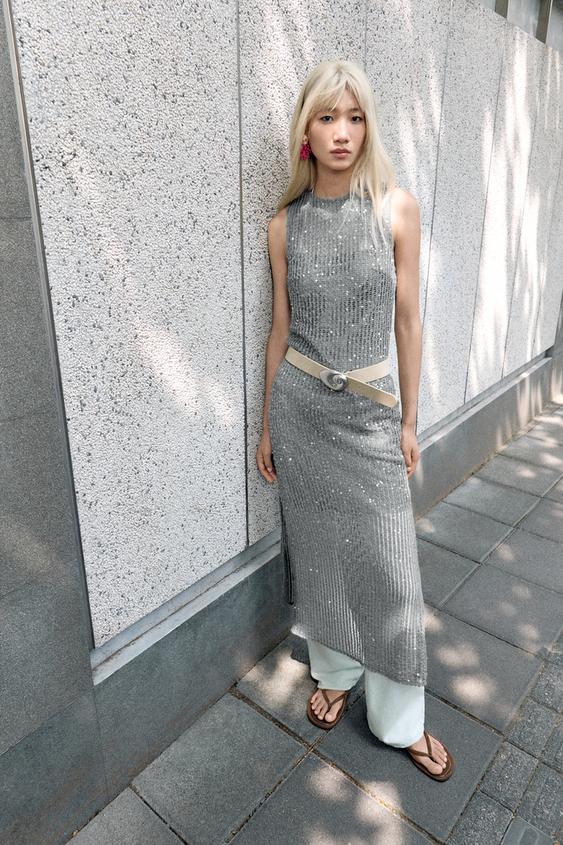 SEQUINNED MIDI DRESS - Grey by Zara - Image 0