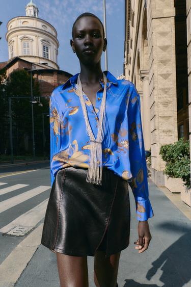 FLORAL PRINT SATIN SHIRT - Sand / Blue by Zara