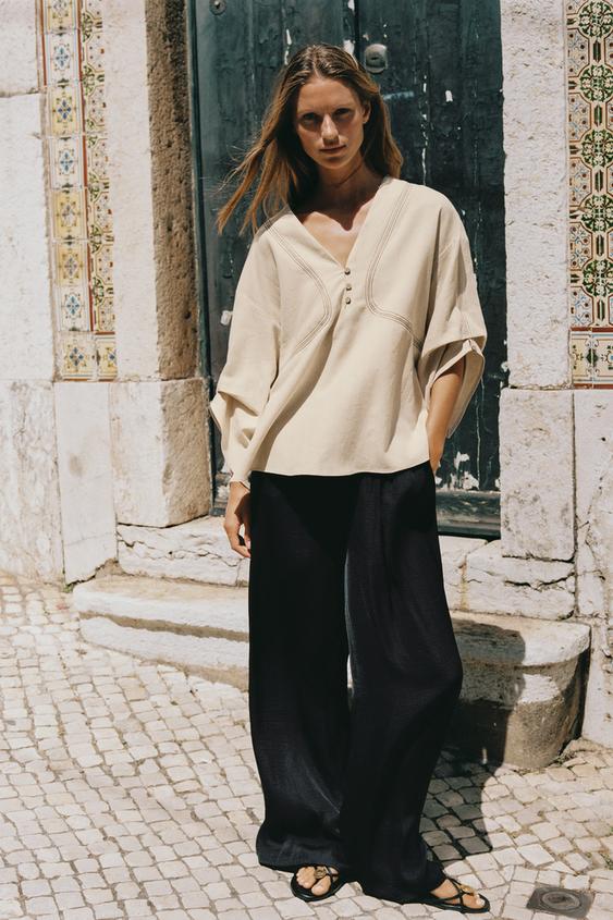 OVERSIZE LINEN BLEND SHIRT WITH CONTRAST TOPSTITCHING - Light beige by Zara - Image 0