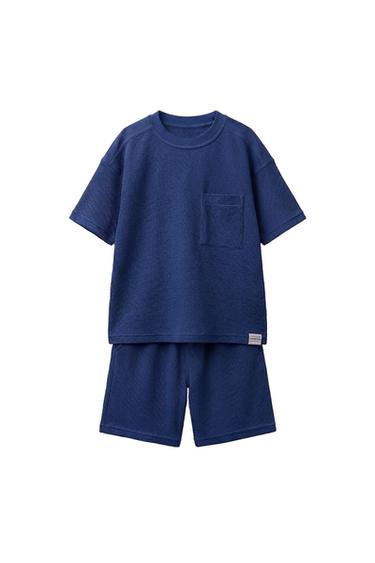 WAFFLE-KNIT T-SHIRT AND BERMUDA SHORTS SET WITH LABEL - Bluish by Zara
