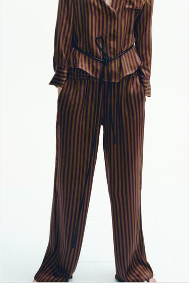 STRIPED SATIN TROUSERS - Khaki by Zara - Image 0
