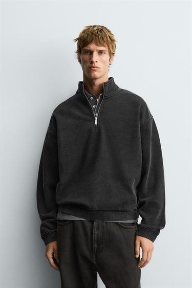 WASHED QUARTER-ZIP SWEATSHIRT - Dark grey by Zara