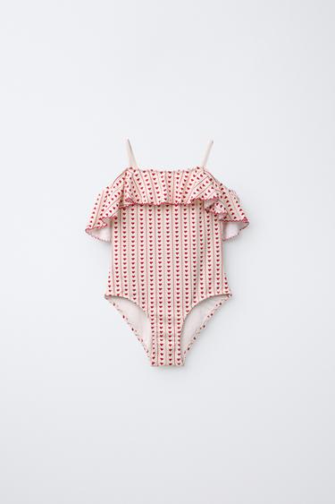 AGES 6-14/ RUFFLED HEART PRINT SWIMSUIT - Red by Zara