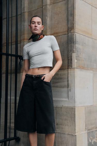 CROPPED STRETCH T-SHIRT - Grey marl by Zara
