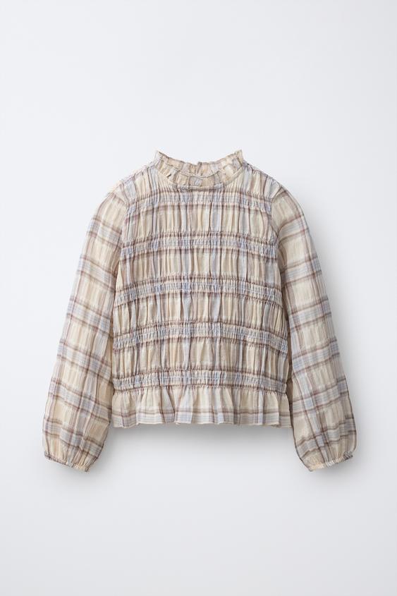 CHECK PRINT SHIRT WITH ELASTICATED DETAIL - Light beige by Zara - Image 0