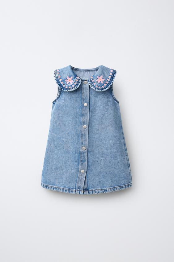DENIM DRESS WITH EMBROIDERED COLLAR - Blue by Zara - Image 0