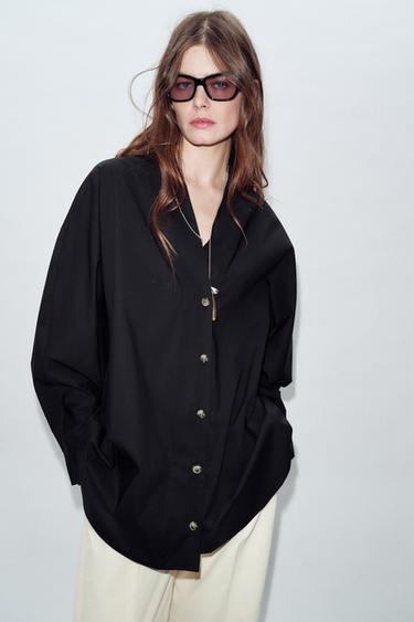 V-NECK POPLIN SHIRT - Black by Zara