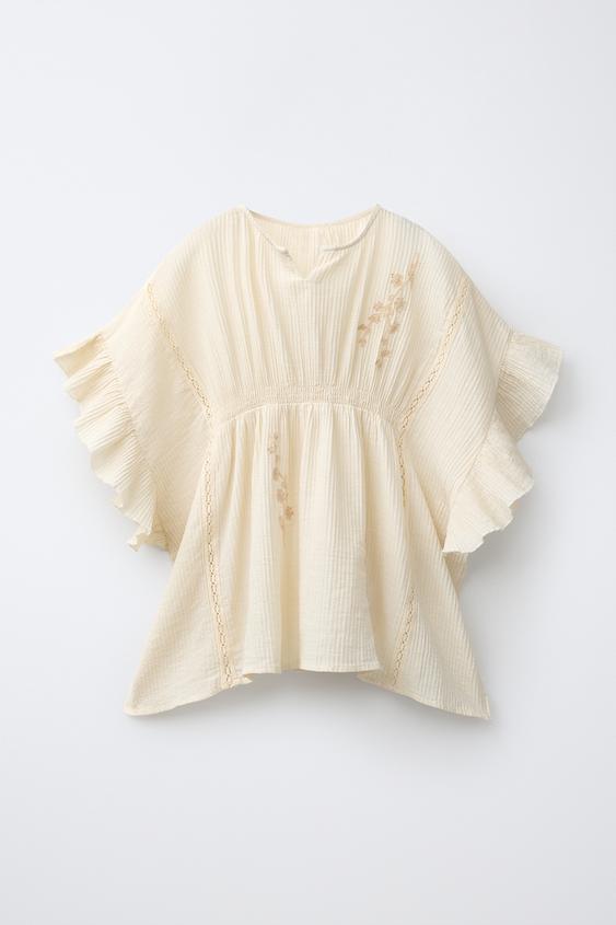 EMBROIDERED KAFTAN WITH LACE TRIM - Beige by Zara - Image 0