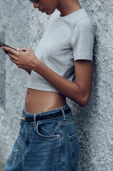 CROPPED STRETCH T-SHIRT - Grey marl by Zara