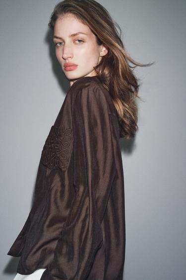 ZW COLLECTION EMBROIDERED POCKET SHIRT - Brown by Zara