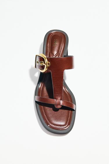 LEATHER BLOCK HEEL SANDALS - Brown by Zara