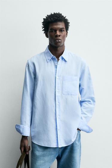 REGULAR FIT LINEN - COTTON SHIRT - Sky blue by Zara