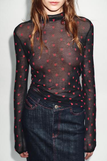FINE KNIT TOP WITH HEARTS - Navy blue by Zara