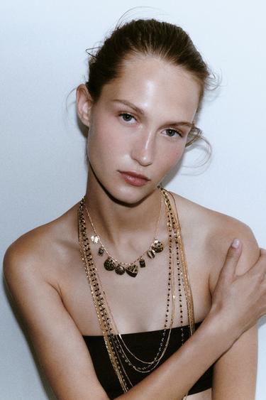 PACK OF 3 CHAIN BEAD CHARM NECKLACES - Aged gold by Zara - Image 0