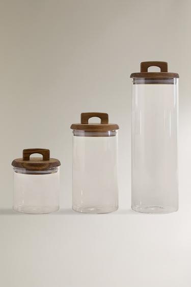 BOROSILICATE GLASS AND WOOD STORAGE JAR - Light beige by Zara