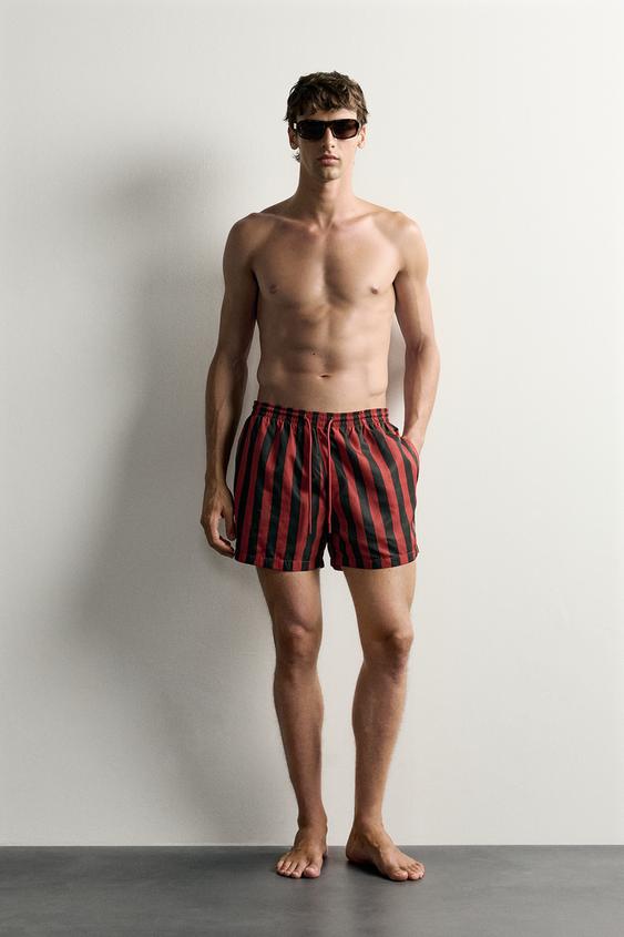 STRIPED MID-LENGTH SWIMMING TRUNKS - Red by Zara - Image 0