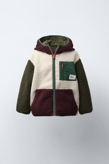 COLOUR-BLOCK FAUX SHEARLING FLEECE-LINED JACKET - ecru/khaki by Zara