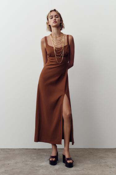 LINEN BLEND MIDI DRESS - Terracotta by Zara
