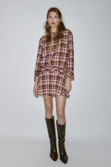 CHECK MINI DRESS - Ecru / Maroon by Zara