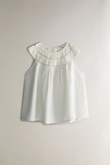 TOP WITH GATHERING AND LACE - Ecru by Zara - Image 0