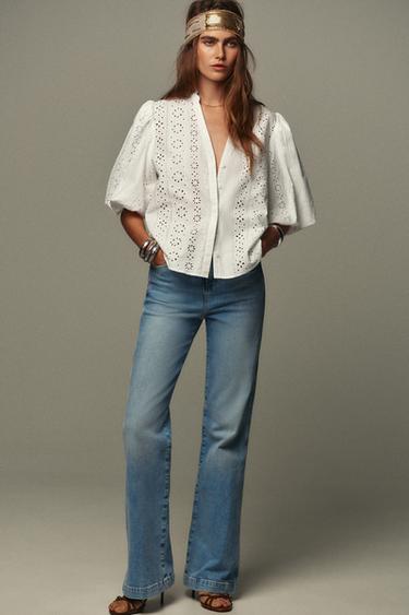 SHIRT WITH CUTWORK EMBROIDERY AND PUFF SLEEVES - White by Zara