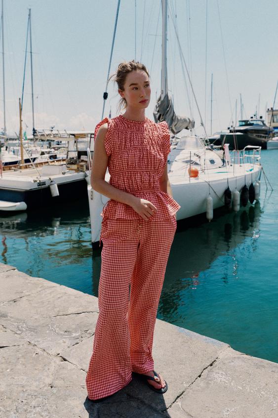 GINGHAM GATHERED TOP - White / Red by Zara - Image 0