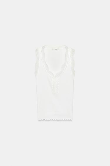 LACE RIB T-SHIRT - Oyster-white by Zara