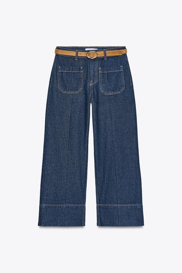 Z1975 WIDE-LEG CROPPED HIGH-WAIST JEANS WITH BELT - Blue by Zara