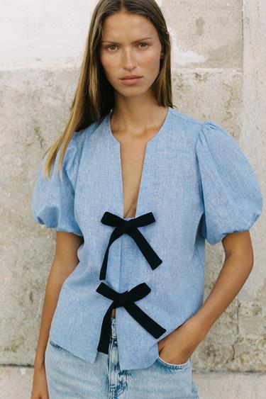LINEN BLEND TIE BLOUSE - Blue by Zara