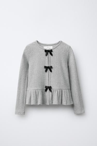 RIBBED SOFT TOUCH T-SHIRT WITH BOWS - Grey marl by Zara