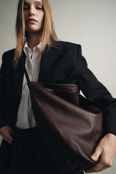 DOUBLE COMPARTMENT LEATHER BUCKET BAG - Burgundy Red by Zara